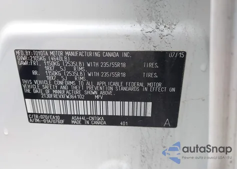 2015 Toyota Rav4 Limited z USA, uszkodzony, nr VIN 2T3DFREVXFW364102